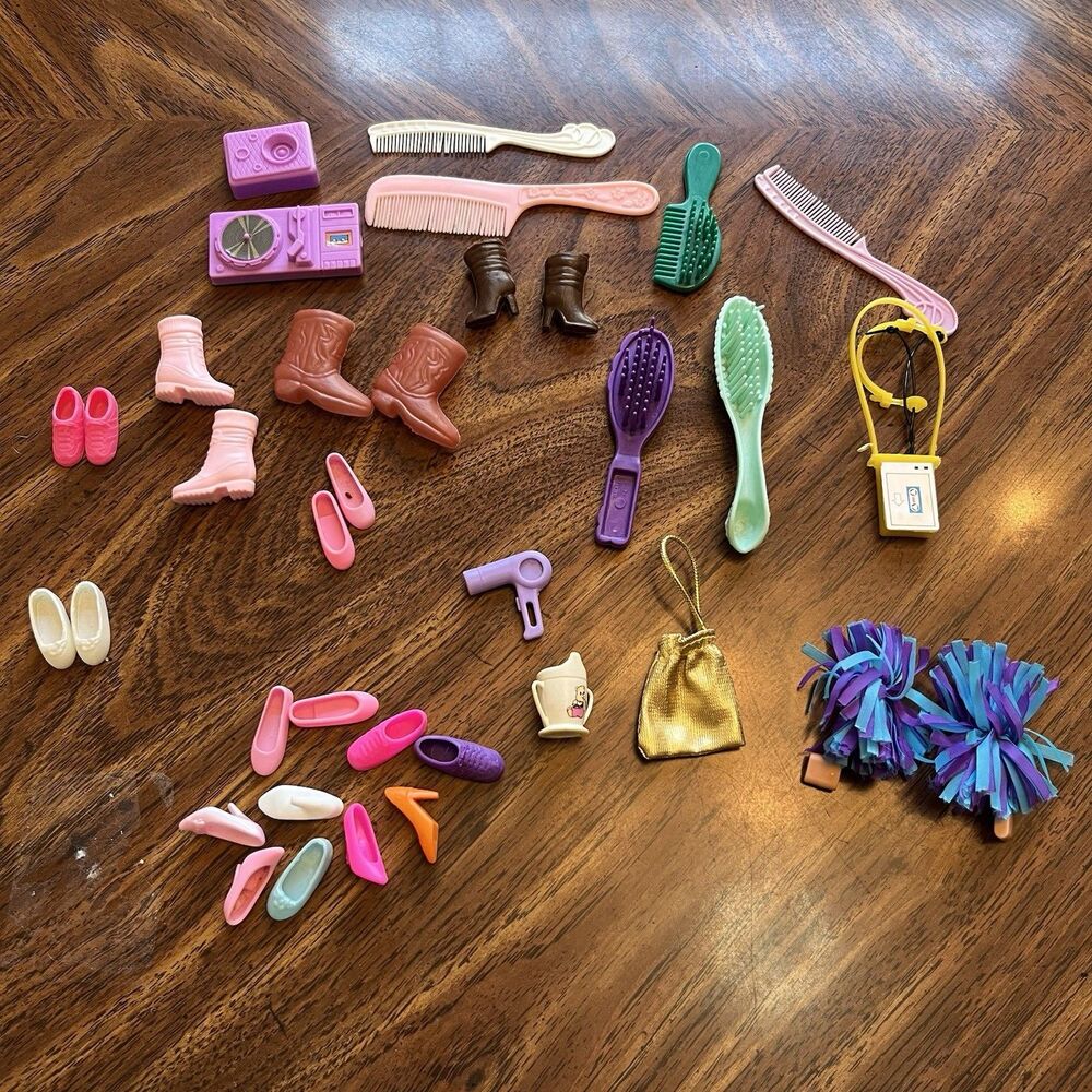 Vintage 1990s Barbie Accessories Pom Poms Shoes Walkman Brush